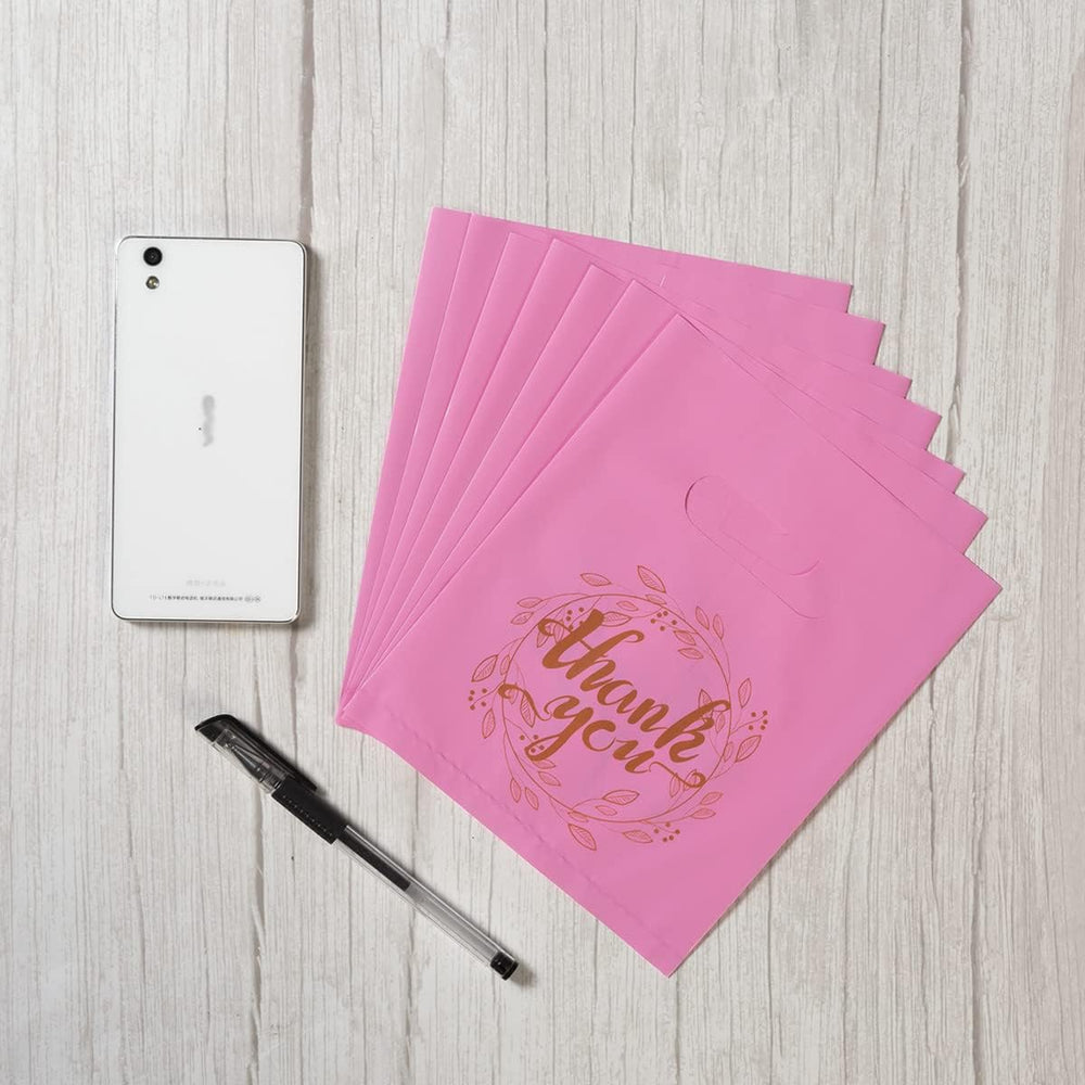 Wishop 100 Pieces Pink Thank You Merchandise Bags Party Gift Bags Candy Bags for Boutique, Retail, Gift Bags, Clothes, Party Favors (Pink/Gold, 6.3x7.9 Inches)