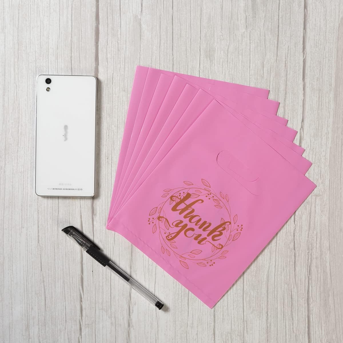 Wishop 100 Pieces Pink Thank You Merchandise Bags Party Gift Bags Candy Bags for Boutique, Retail, Gift Bags, Clothes, Party Favors (Pink/Gold, 6.3x7.9 Inches)