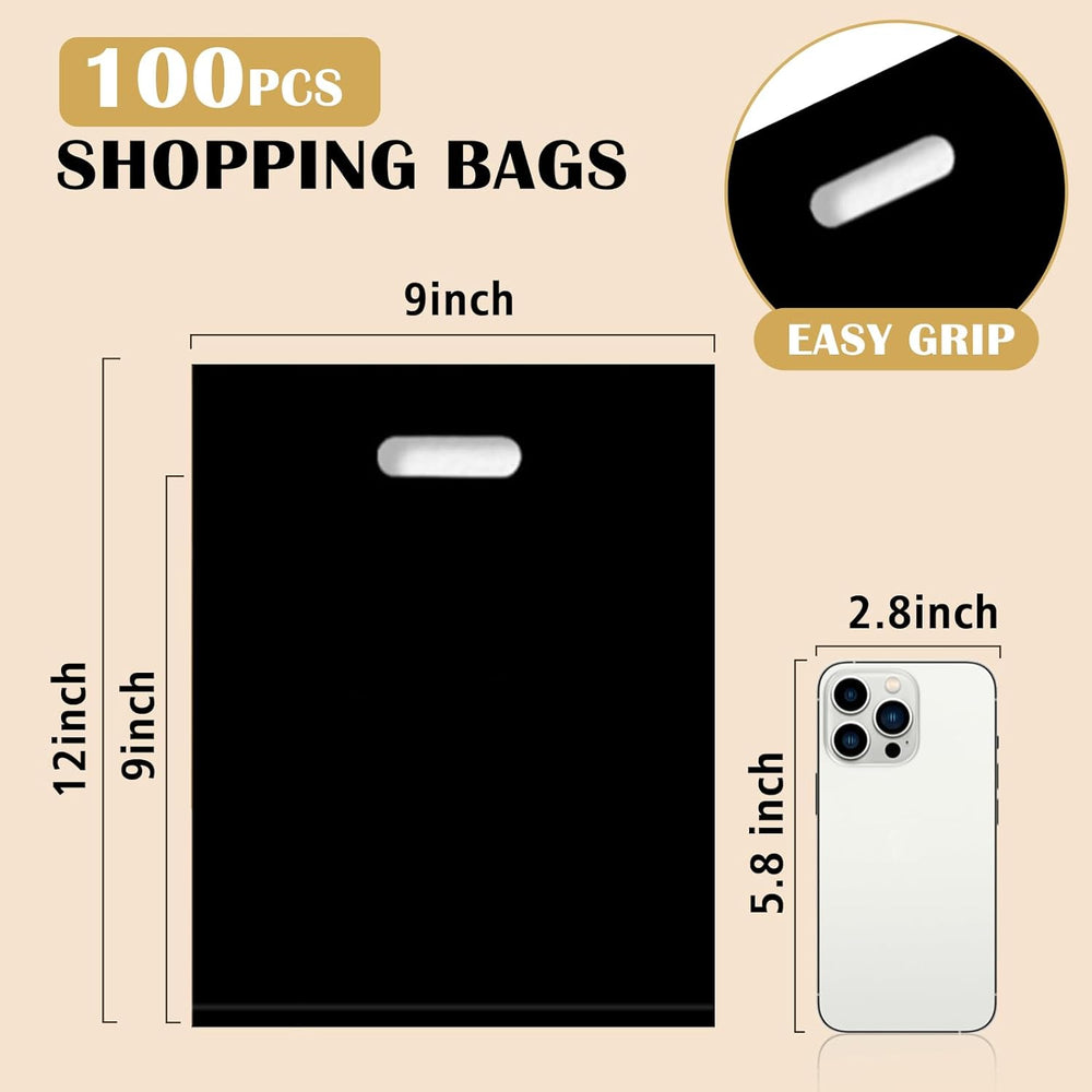 GoClimber 100 Pack Black Plastic Bags, 9"x12" Merchandise Bags With Die Cut Handles Retail Shopping Bags for Small Business Boutique Stores Gifts