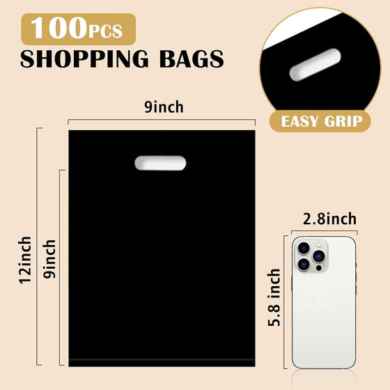 GoClimber 100 Pack Black Plastic Bags, 9"x12" Merchandise Bags With Die Cut Handles Retail Shopping Bags for Small Business Boutique Stores Gifts - hover image