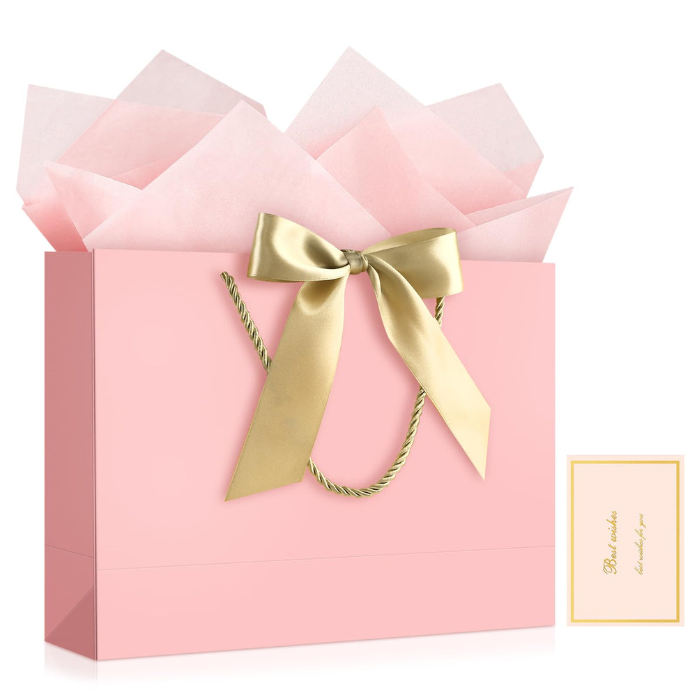 JMANNI Gift Bags with Handles, 13” Medium Gift Bag for Presents, 1 Pcs Bags with 2 Tissue Paper and 1 Cards for Graduation Baby Shower Wedding Fathers Day Mother's Day Birthday Party（champagne gold）