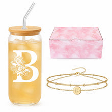 Bridesmaid Gifts for Women, Glass Cup and Bracelet Gift Set, Bridal Party Gift Box for Bridesmaid Thank You, Wedding Weekend, Bridal Shower or Proposal, Initial A