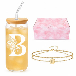 Bridesmaid Gifts for Women, Glass Cup and Bracelet Gift Set, Bridal Party Gift Box for Bridesmaid Thank You, Wedding Weekend, Bridal Shower or Proposal, Initial A