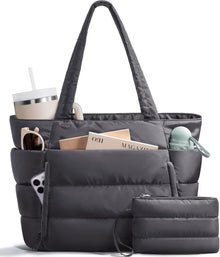 Bagstellar Puffer Tote Bag for Women, Lightweight Puffy Work Handbag Teacher Nurse Quilted Shoulder Bag for School Travel Gym | Cloud Bag w/ Zipper