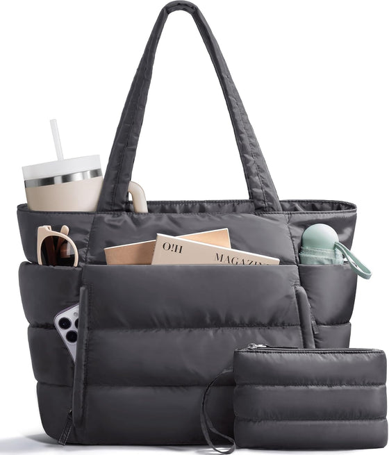 Bagstellar Puffer Tote Bag for Women, Lightweight Puffy Work Handbag Teacher Nurse Quilted Shoulder Bag for School Travel Gym | Cloud Bag w/ Zipper