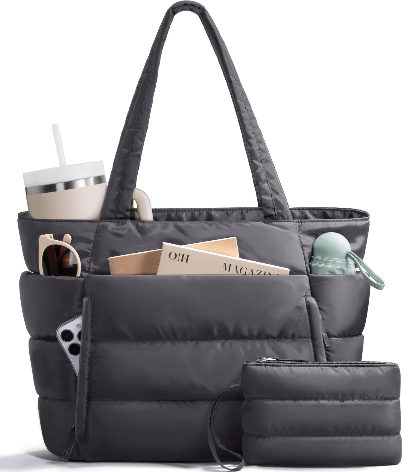 Bagstellar Puffer Tote Bag for Women, Lightweight Puffy Work Handbag Teacher Nurse Quilted Shoulder Bag for School Travel Gym | Cloud Bag w/ Zipper