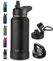 RUBYFLASK 32oz Insulated Water Bottle with Straw, Stainless Steel Metal Vacuum Water Flask, Large Thermal Water bottle with Leakproof 3 Lids for Travel, Camping, Gym Sports Indigo Black