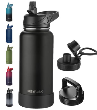 RUBYFLASK 32oz Insulated Water Bottle with Straw, Stainless Steel Metal Vacuum Water Flask, Large Thermal Water bottle with Leakproof 3 Lids for Travel, Camping, Gym Sports Indigo Black