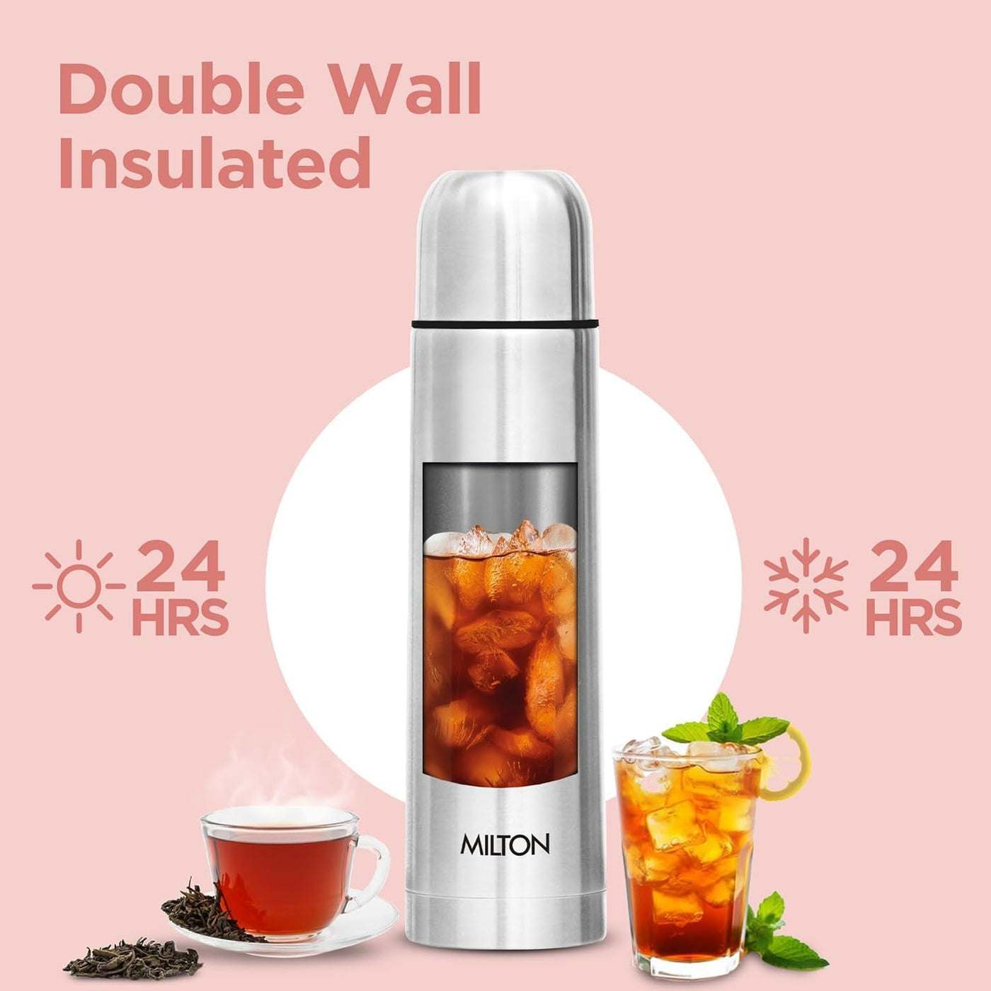 Milton Thermosteel Flip Lid Flask 350, Double Walled Vacuum Insulated Thermos 350 ml | 12 oz | 24 Hours Hot and Cold Water Bottle with Cover, 18/8 Stainless Steel, BPA Free, Leak-Proof | Silver