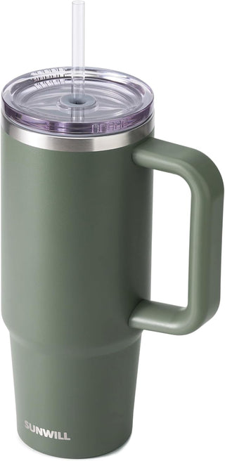SUNWILL Insulated Coffee Tumbler with Handle, 30oz Stainless Steel Travel Mug with Straw, Spill Resistant Lid, Cup Holder Friendly, Powder Coated Camp Green