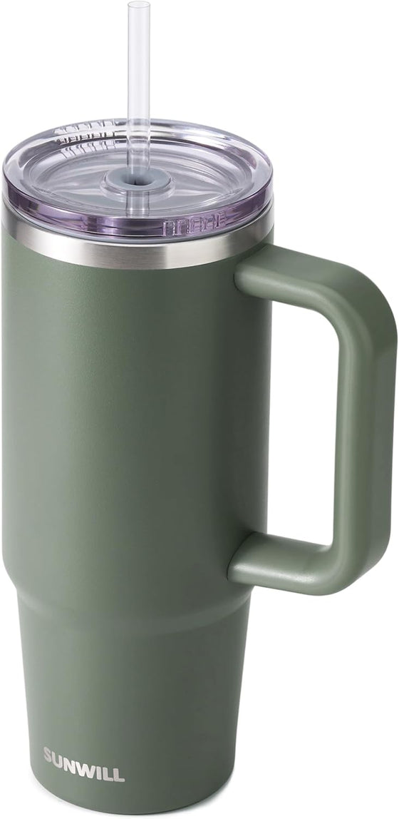 SUNWILL Insulated Coffee Tumbler with Handle, 30oz Stainless Steel Travel Mug with Straw, Spill Resistant Lid, Cup Holder Friendly, Powder Coated Camp Green