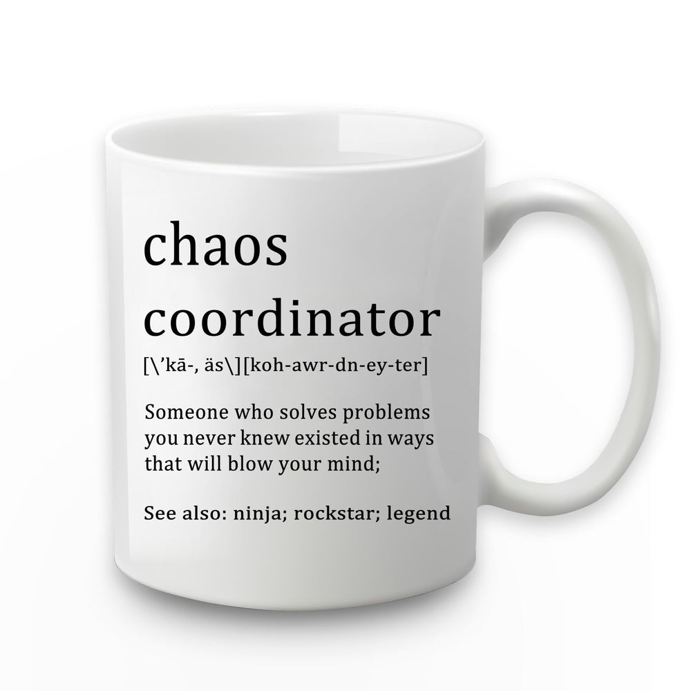 Chaos Coordinator Mug - Office Gift for Boss, Coworkers, Women, Friends - Funny Coffee Mug for Christmas, White Elephant - 11 Ounce Black Handle