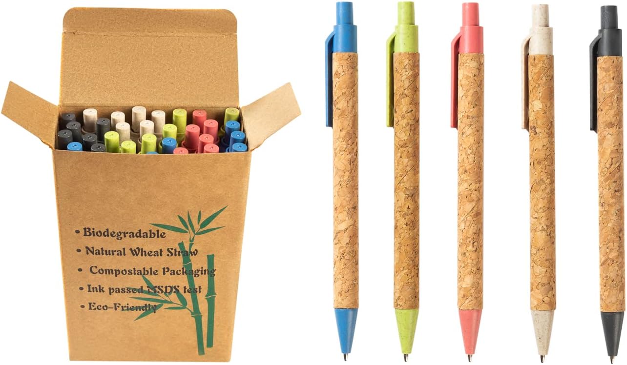 jinfusi Wheat Straw Pens(30 Pack),Eco Friendly Cork and Recycled Ballpoint Writing Black Ink Sustainable Products Set Pens or Journaling