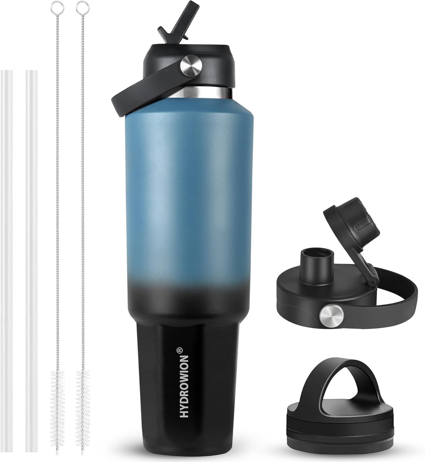 HYDROWION 32oz Stainless Steel Water Bottle(Cold for 48 Hrs, Hot for 24 Hrs), Double Wall Vacuum Insulated Water Flask with Straw Lid, Spout Lid and Flex Cap, Fit in Any Car Cup Holder, Cobalt