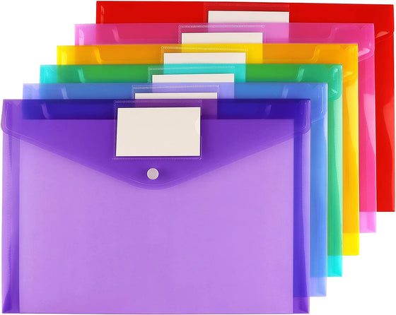 6 Pack Clear Document Folders Plastic Envelopes Poly Envelopes File Envelopes with Label Pocket and Snap Button for Home Work Office Organization, Letter Size/A4 Size, 6 Colors - hover image