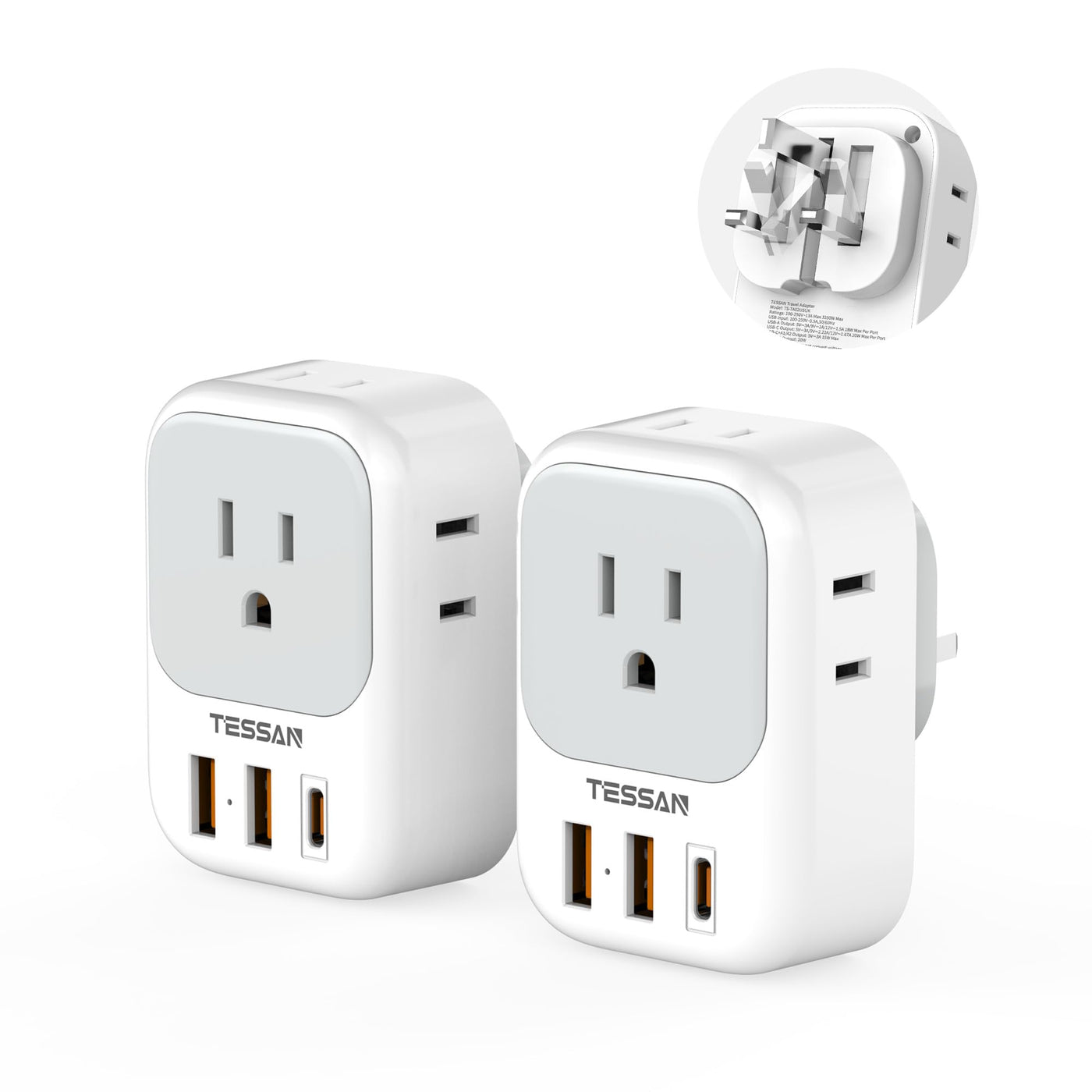 TESSAN 2 Pack European Travel Plug Adapter, Europe Power Converter 4 Outlets 3 USB(1 USB C PD 20W), Type C International Adaptor to Italy Spain France Portugal Iceland Germany, EU Travel Essentials