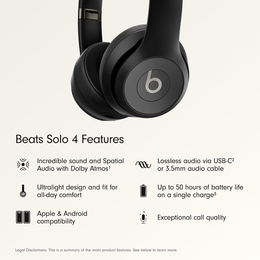 Beats Solo 4 - Wireless On-Ear Bluetooth Headphones, Up to 50-Hour Battery Life, Ultra-Lightweight Comfort, Powerful and Balanced Sound, Apple & Android Compatible - Matte Black