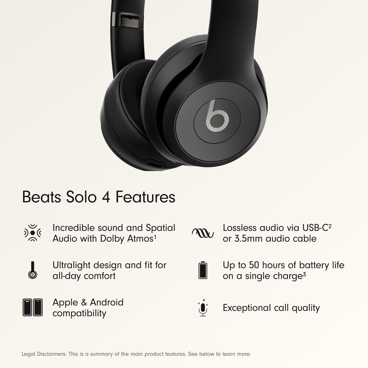 Beats Solo 4 - Wireless On-Ear Bluetooth Headphones, Up to 50-Hour Battery Life, Ultra-Lightweight Comfort, Powerful and Balanced Sound, Apple & Android Compatible - Matte Black