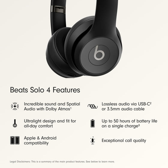 Beats Solo 4 - Wireless On-Ear Bluetooth Headphones, Up to 50-Hour Battery Life, Ultra-Lightweight Comfort, Powerful and Balanced Sound, Apple & Android Compatible - Matte Black - hover image
