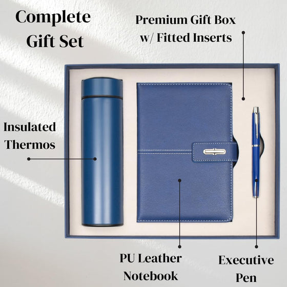 Shadow Breeze A5 Leather Notebook, Insulated Thermos and Executive Pen Gift Set in Premium Gift Box, 172 Pages 100GSM Ruled Pages, 12 oz, Great Gift for Business, School, Home (Blue) - hover image