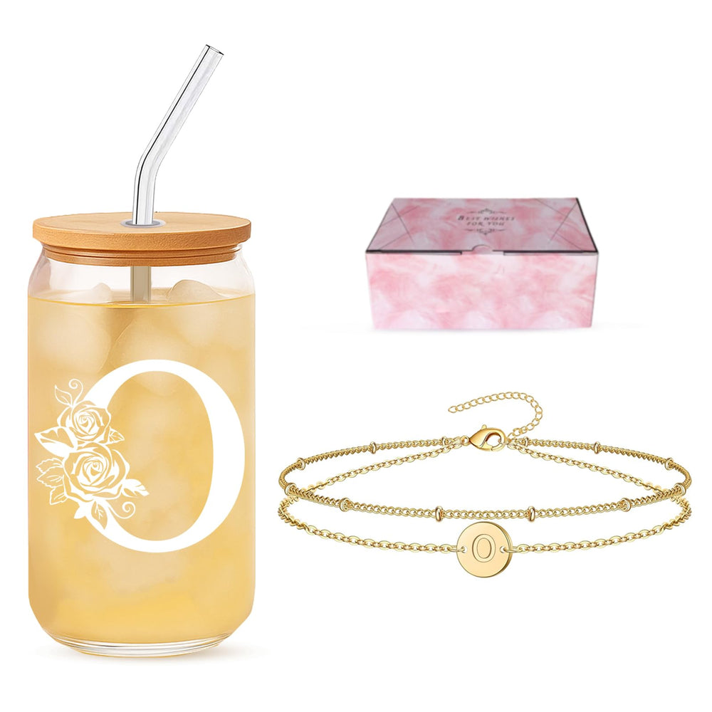 Sister Gifts for Women, Initial Glass Cup and Bracelet Gift Set, Personalized Ready to Gift Letter Keepsake for Birthday, Thank You and Just Because