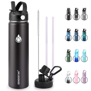 SENDESTAR Water Bottle 32oz Double Wall Vacuum Insulated Leak Proof Stainless Steel Sports Water Bottle—Wide Mouth with New Flex Straw Lid & Spout Lid (Deep Blue&Black)