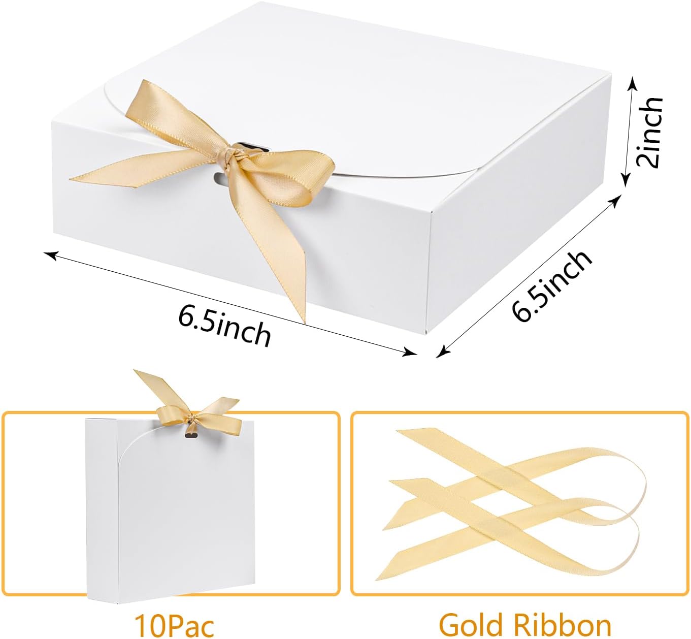 10pack Gift Boxes with Lids, 6.5''x6.5''x2'' White Gift Boxes For Presents, Paper Boxes Gift Boxes with Ribbon for Birthday Wedding Party Chocolate Candy