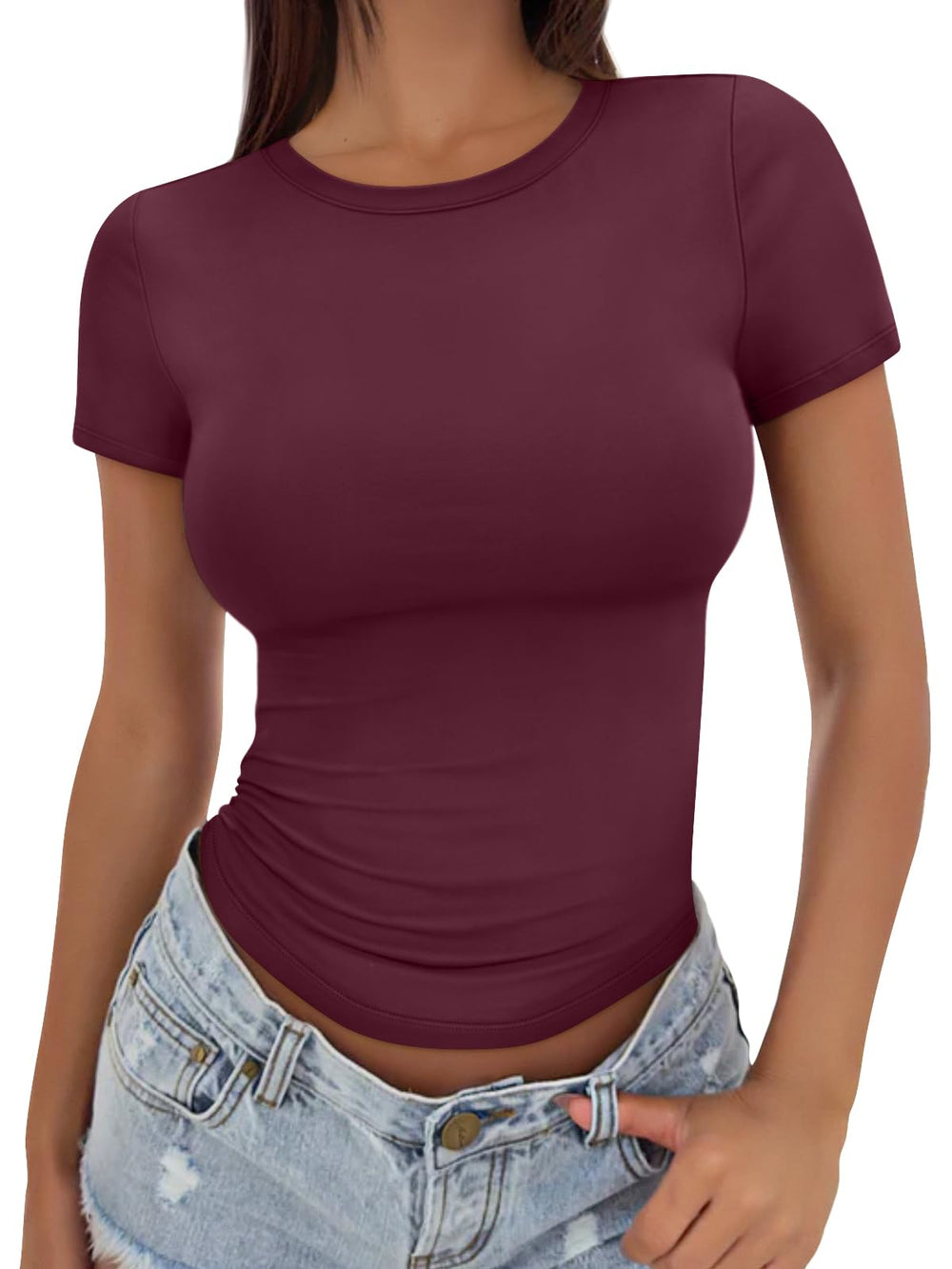 Trendy Queen Womens Basic T Shirts - Stretchy Soft Slim Fit Short Sleeve Y2k Cute Summer Crop Workout Tops