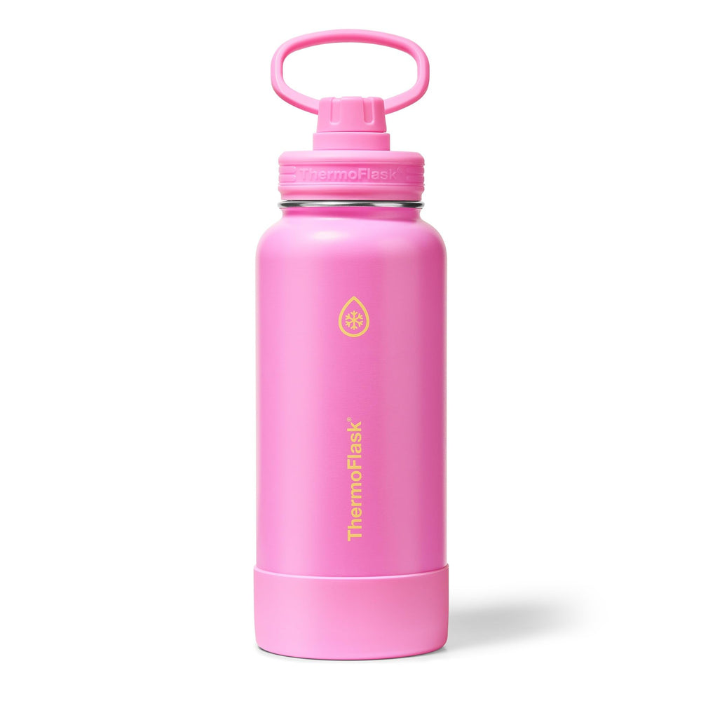 ThermoFlask Stainless Steel Water Bottles 2-Pack - Double-Wall Vacuum Insulated 24 oz BPA-Free Spout Lids - Keeps Drinks Cold 24 Hrs, Hot 12 Hrs - Leakproof, Dishwasher Safe, White/Coral