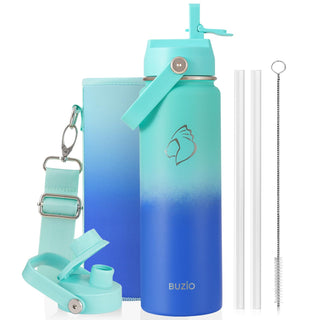BUZIO 40oz Insulated Water Bottle, Triple Wall Vacuum Stainless Steel Water Flask with 2 lids, Lead-Free BPA-Free Straw Lid Sports Canteen Jug, Cold 48H & Hot 24H- Black