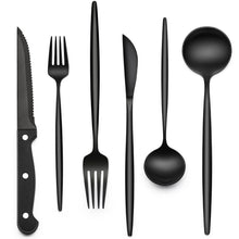EWFEN 24-Piece Black Silverware Set with Steak Knives, Black Flatware Set for 4, Food-Grade Stainless Steel Tableware Cutlery Set, Mirror Finished Utensil Sets for Home Restaurant, Round Edge