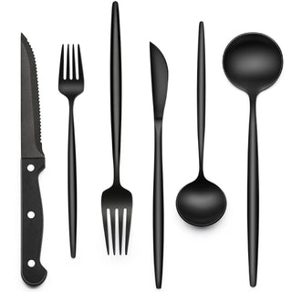 EWFEN 24-Piece Black Silverware Set with Steak Knives, Black Flatware Set for 4, Food-Grade Stainless Steel Tableware Cutlery Set, Mirror Finished Utensil Sets for Home Restaurant, Round Edge