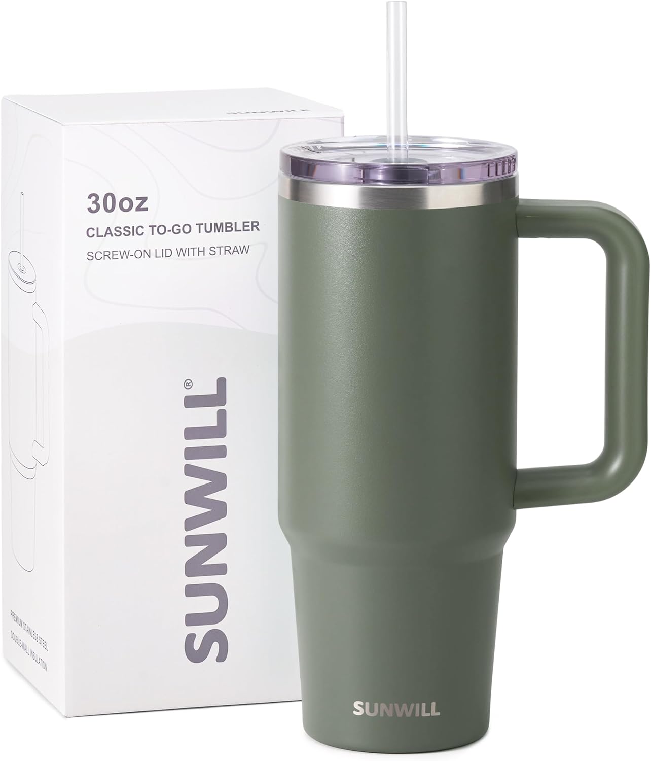 SUNWILL Insulated Coffee Tumbler with Handle, 30oz Stainless Steel Travel Mug with Straw, Spill Resistant Lid, Cup Holder Friendly, Powder Coated Camp Green