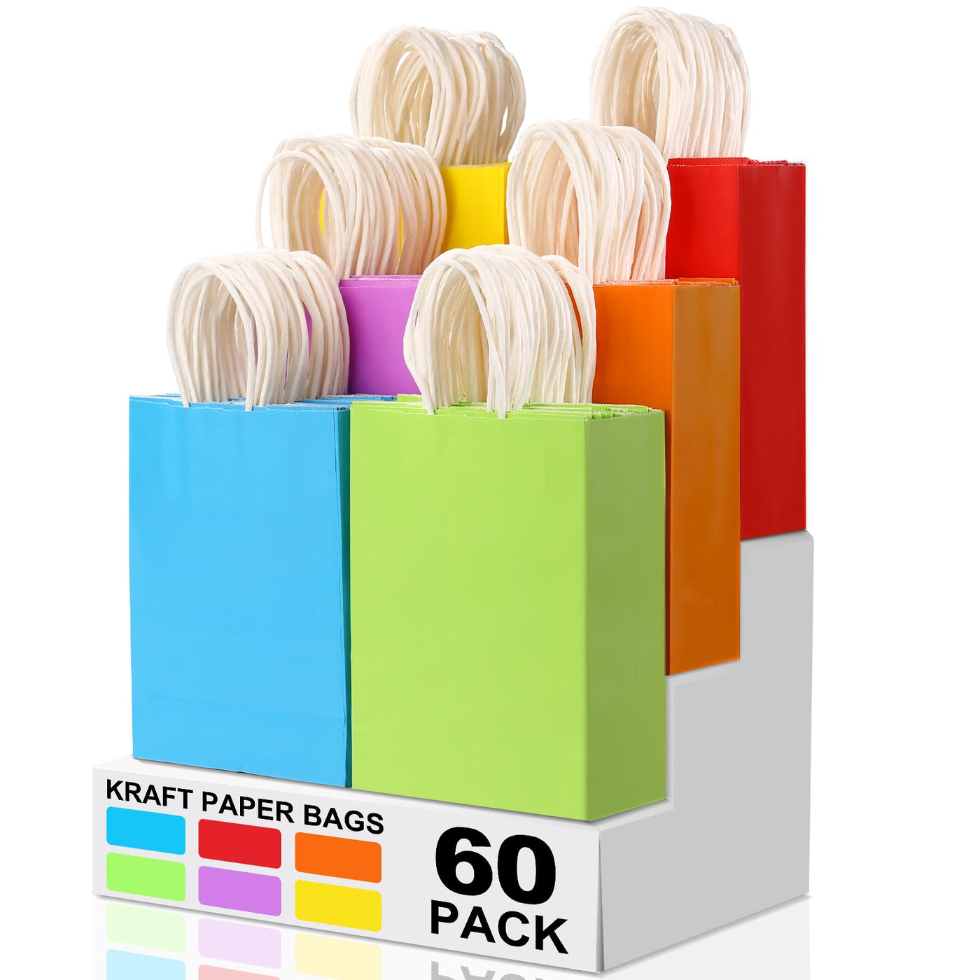 XPCARE 32Pcs Paper Gift Bags, 5.25x3.25x8.25'' Kraft Paper Party Favor Bags Bulk Rainbow Goodie Bags Small Gift Bags with Handles for Kids Birthday Baby Shower Crafts Wedding Party Supplies (6 Colors)