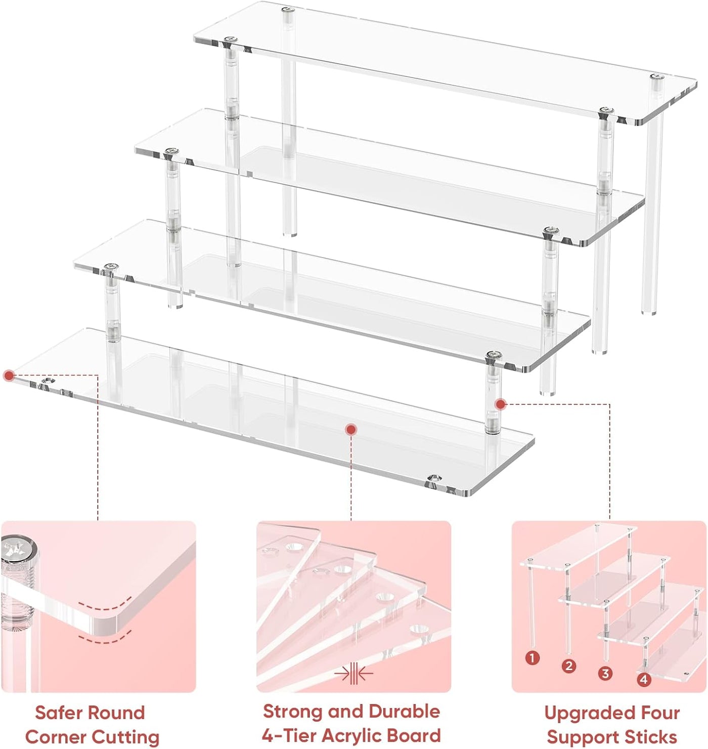 4 Tier Acrylic Display Risers, Clear Perfume Organizer Stand, Large Cupcake Stand Holder, Dessert Display for Party, Display Shelf for Figure and Collection, Riser Stand for Decoration and Organizer