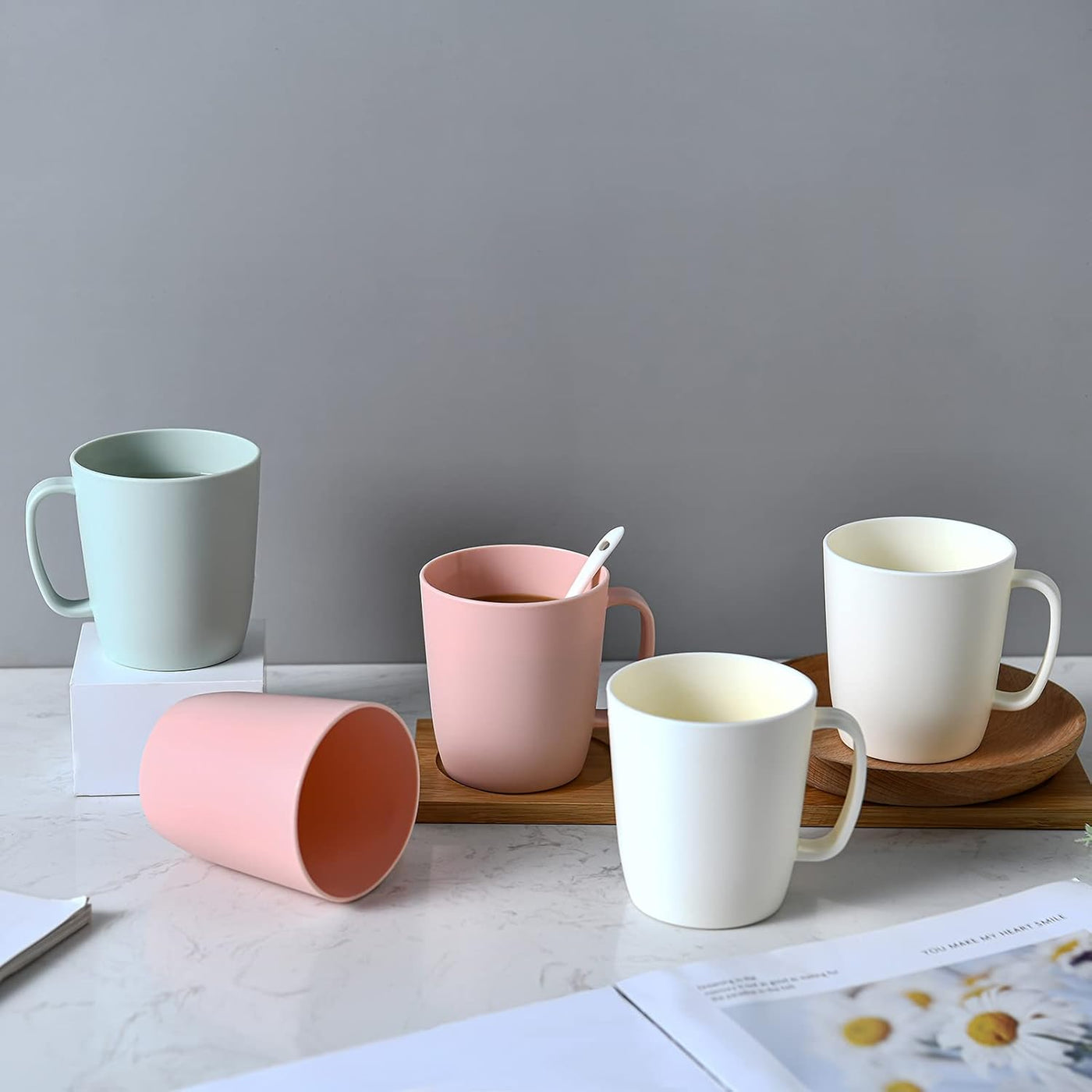 Coffee Mugs Set of 5, 10 Ounce Unbreakable Plastic Cups With Handle, 3 Basic Colors, Dishwasher Safe