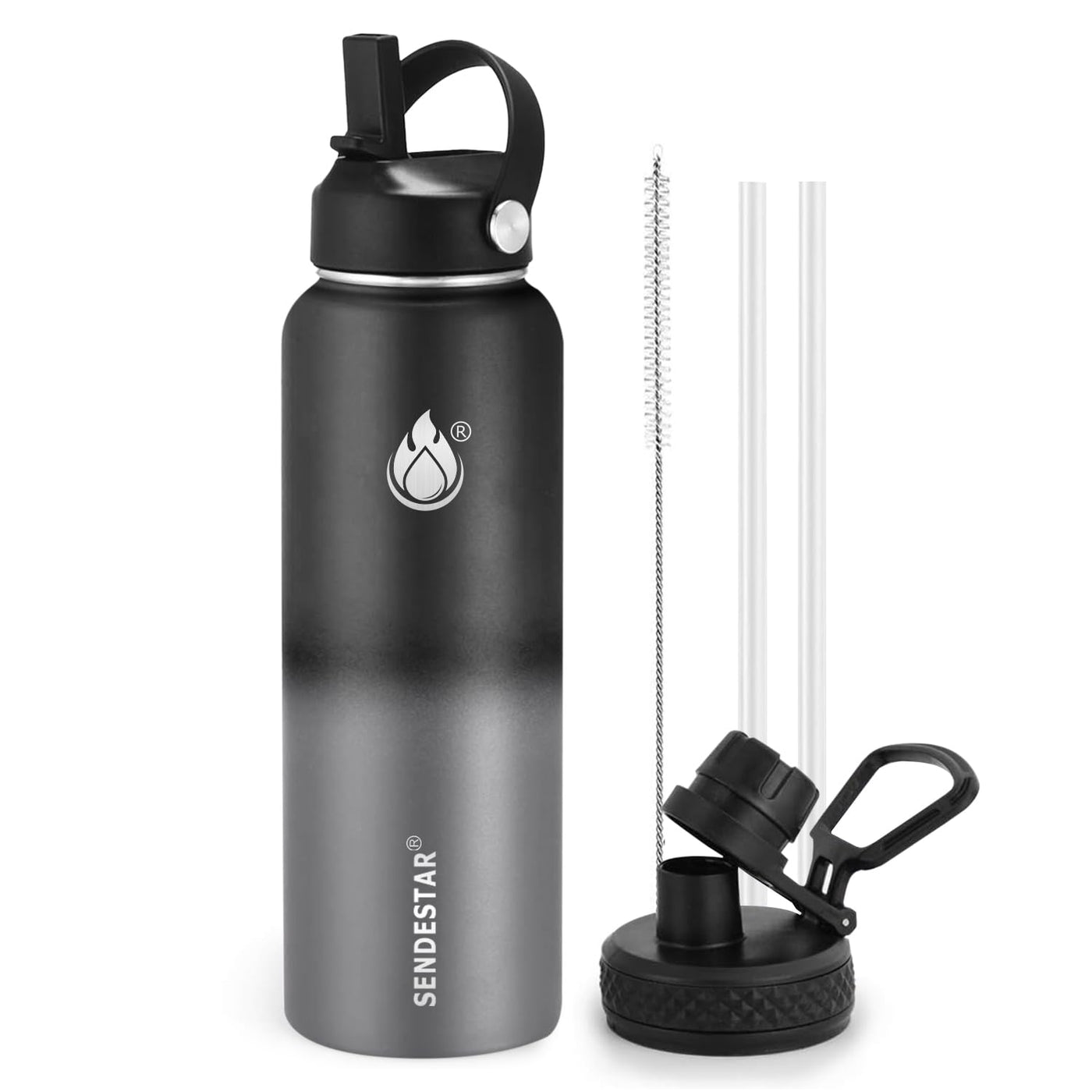 SENDESTAR Water Bottle 32oz Double Wall Vacuum Insulated Leak Proof Stainless Steel Sports Water Bottle—Wide Mouth with New Flex Straw Lid & Spout Lid (Deep Blue&Black)
