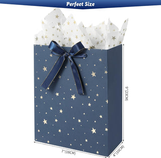 KomoLeay 4 Pack 9" Medium Size Gift Bags Assorted Premium Blue Gift Bags with Tissue Paper Use for Birthdays, Baby Shower,weddings,Party Favor, Holiday Presents-7" X 4" X 9"