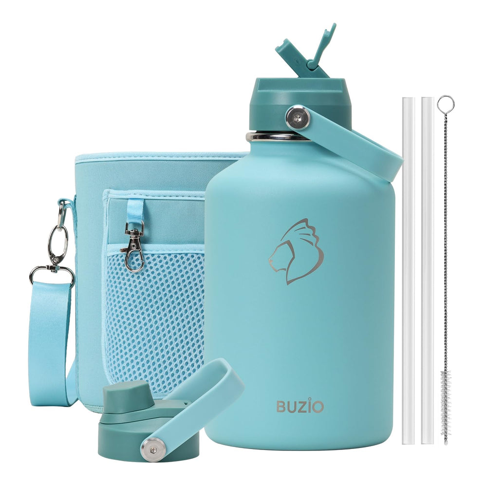 BUZIO 40oz Insulated Water Bottle, Triple Wall Vacuum Stainless Steel Water Flask with 2 lids, Lead-Free BPA-Free Straw Lid Sports Canteen Jug, Cold 48H & Hot 24H- Black