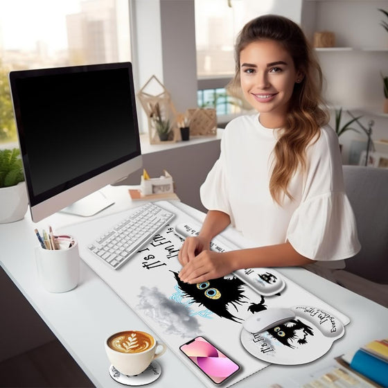 LIMKRIAN Desk Mat Set, Large Gaming Mouse Pad with Wrist Rest, Ergonomic Mouse Pad Keyboard Mat Wrist Support, Cup Coaster, Home Office Desk Accessories Decor Supplies, Funny Black Cat - hover image