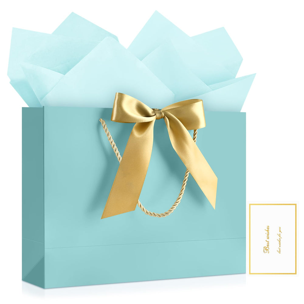 JMANNI Gift Bags with Handles, 13” Medium Gift Bag for Presents, 1 Pcs Bags with 2 Tissue Paper and 1 Cards for Graduation Baby Shower Wedding Fathers Day Mother's Day Birthday Party（champagne gold）
