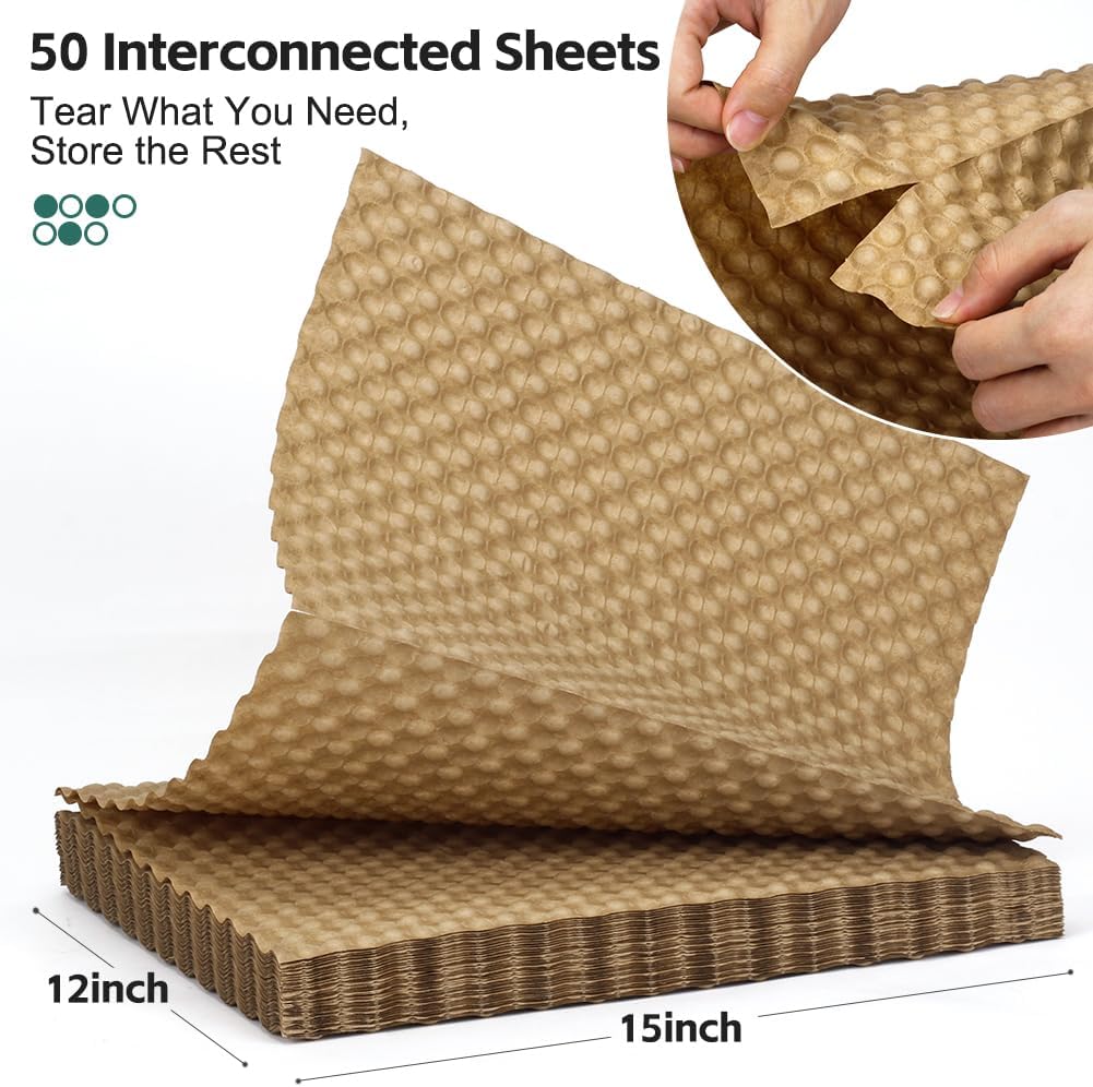 Paper Bubble Wrap Sheets for Packing 15" x 12” x 50 FT Bubble Wrap for Moving,Packing,Shipping, Recyclable Packing Paper for Glass,Dishes, Biodegradable Cushioning Wrap with 24 Fragile Stickers