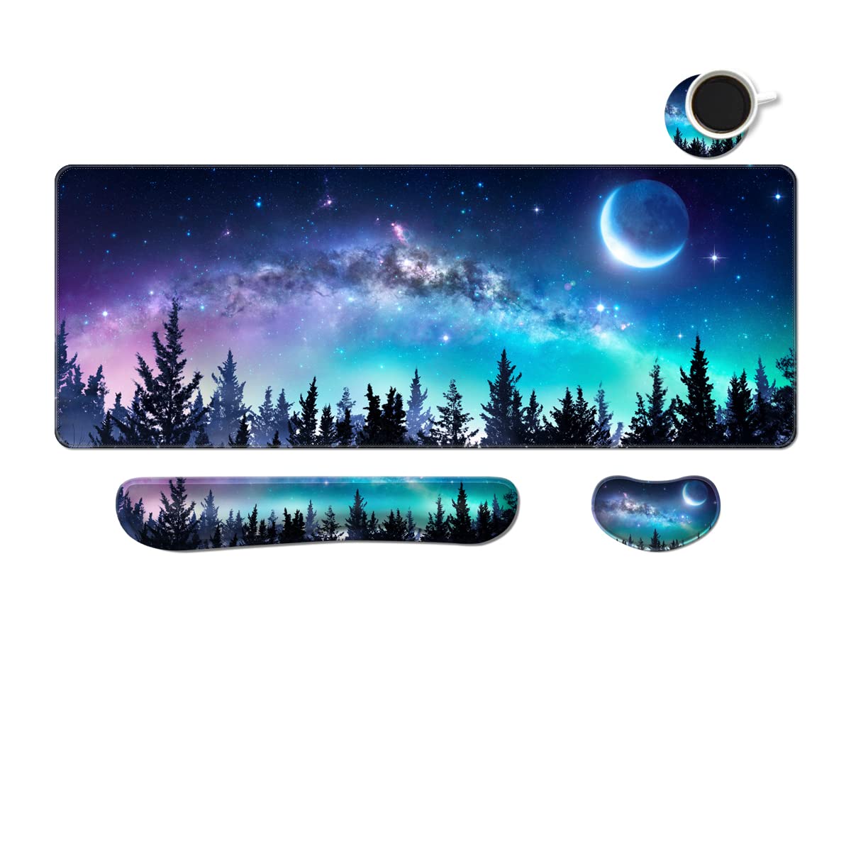 Desk Mat, Large Gaming Mouse Pad with Wrist Rest, 4 in1 XXL Mouse pad+Keyboard Wrist Rest+Mouse Pad Wrist Support+Cup Coaster Set, Ergonomic Desk Pad for Home Office, Trees Library