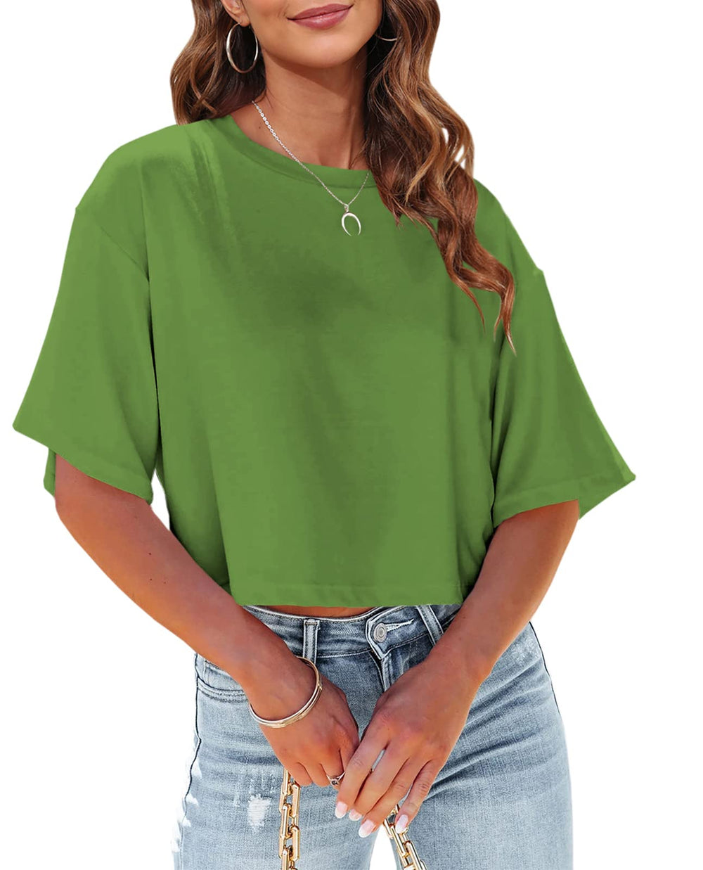 Tankaneo Women Half Sleeve Cropped T-Shirts Drop Shoulder Round Neck Crop Tops Casual Summer Solid Color Basic Tees