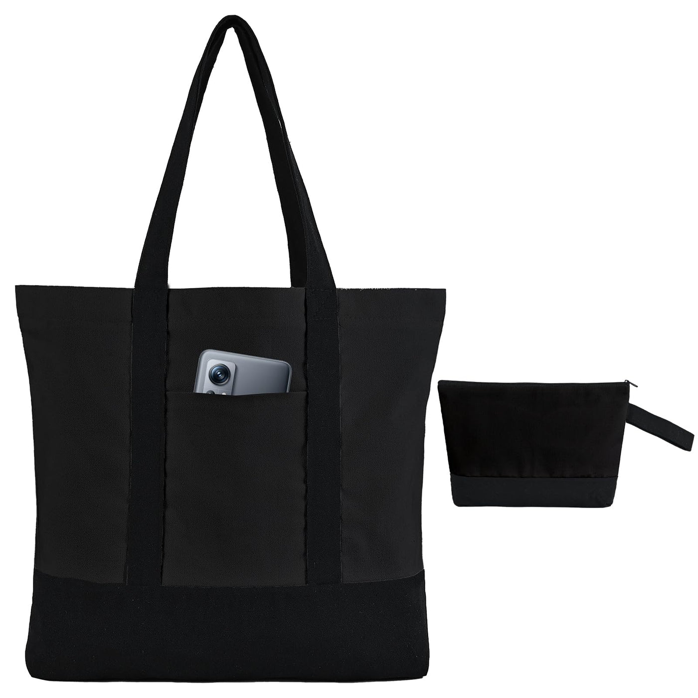 16 Pcs Canvas Tote Bags Bulk and Makeup Pouches Set, 12oz Cotton Reusable Zippered Grocery Bags with Handles, DIY Sublimation, Christmas Craft, Beach & Travel with External Pocket (Women & Men)