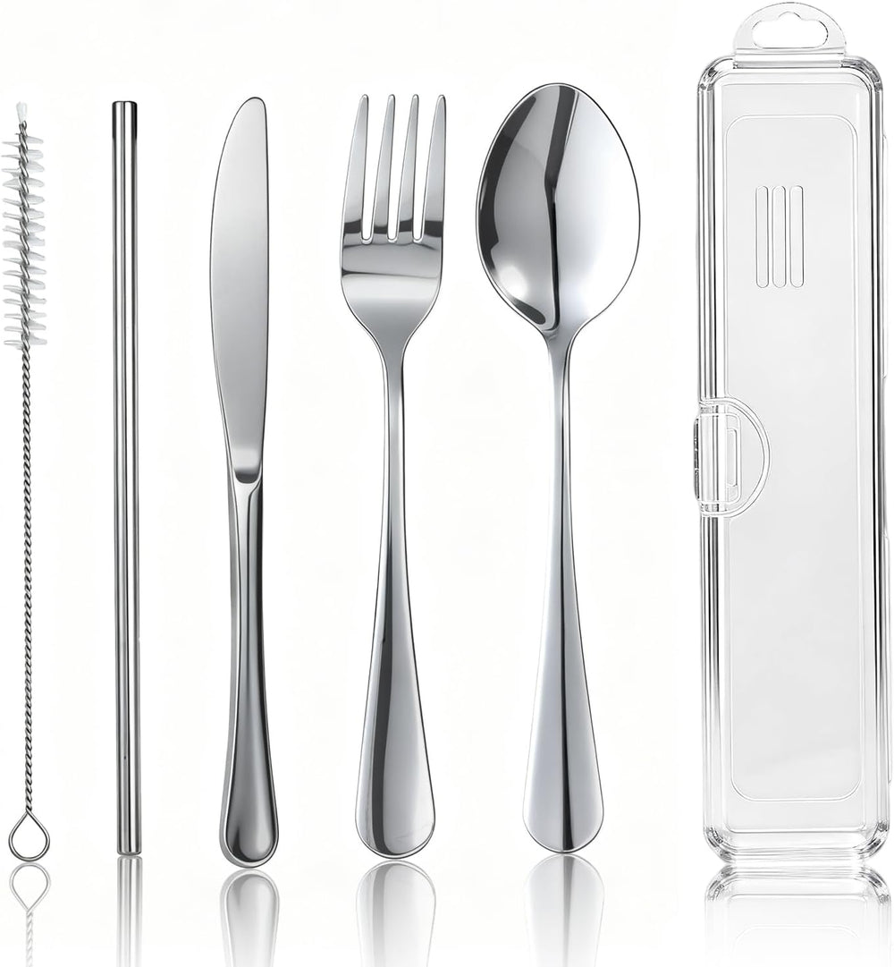 Travel Camping Utensils with Case, 6 Pcs Reusable Stainless Steel Silverware Cutlery Set, Spoon, Fork, Knife + Straw/Brush Kit for Camping, Travel, Office, Lunch Box, Eco On-the-Go (silver)