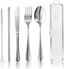 Travel Camping Utensils with Case, 6 Pcs Reusable Stainless Steel Silverware Cutlery Set, Spoon, Fork, Knife + Straw/Brush Kit for Camping, Travel, Office, Lunch Box, Eco On-the-Go (silver)