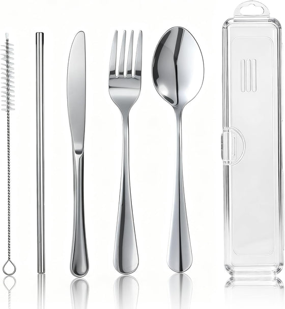 Travel Camping Utensils with Case, 6 Pcs Reusable Stainless Steel Silverware Cutlery Set, Spoon, Fork, Knife + Straw/Brush Kit for Camping, Travel, Office, Lunch Box, Eco On-the-Go (silver)