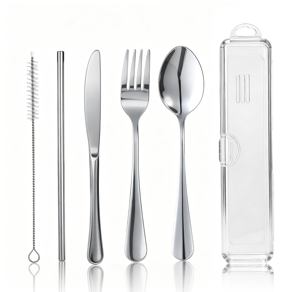 Travel Camping Utensils with Case, 6 Pcs Reusable Stainless Steel Silverware Cutlery Set, Spoon, Fork, Knife + Straw/Brush Kit for Camping, Travel, Office, Lunch Box, Eco On-the-Go (silver)