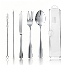 Travel Camping Utensils with Case, 6 Pcs Reusable Stainless Steel Silverware Cutlery Set, Spoon, Fork, Knife + Straw/Brush Kit for Camping, Travel, Office, Lunch Box, Eco On-the-Go (silver)